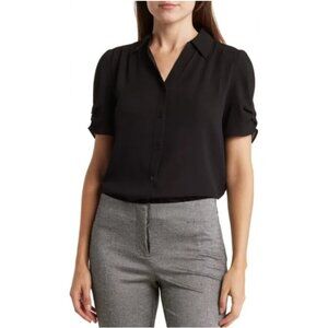 Adrianna Papell Gathered Short Sleeve Button-Up Shirt in Black - Medium
